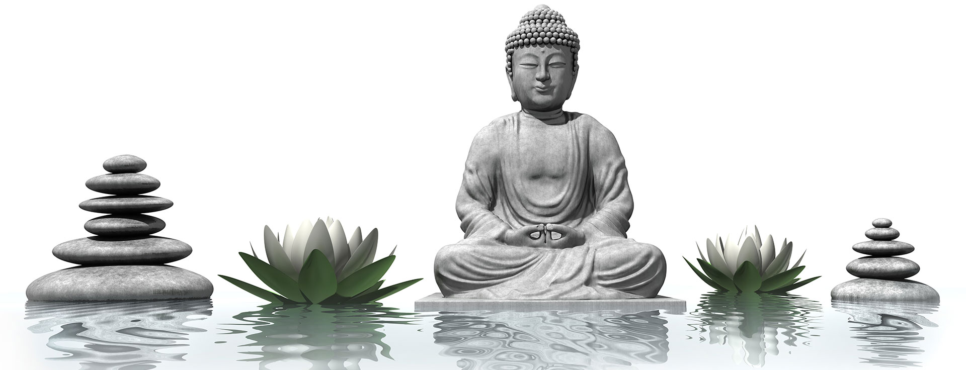 Buddha-Statue in niedrigem Wasser mit Steinhauen und Wasserlilien